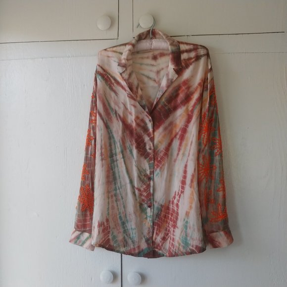 Sandro Paris Goa Embellished Silk Long Sleeve Tie-Dye Beaded Shirt SZ 2 US M - Picture 2 of 16